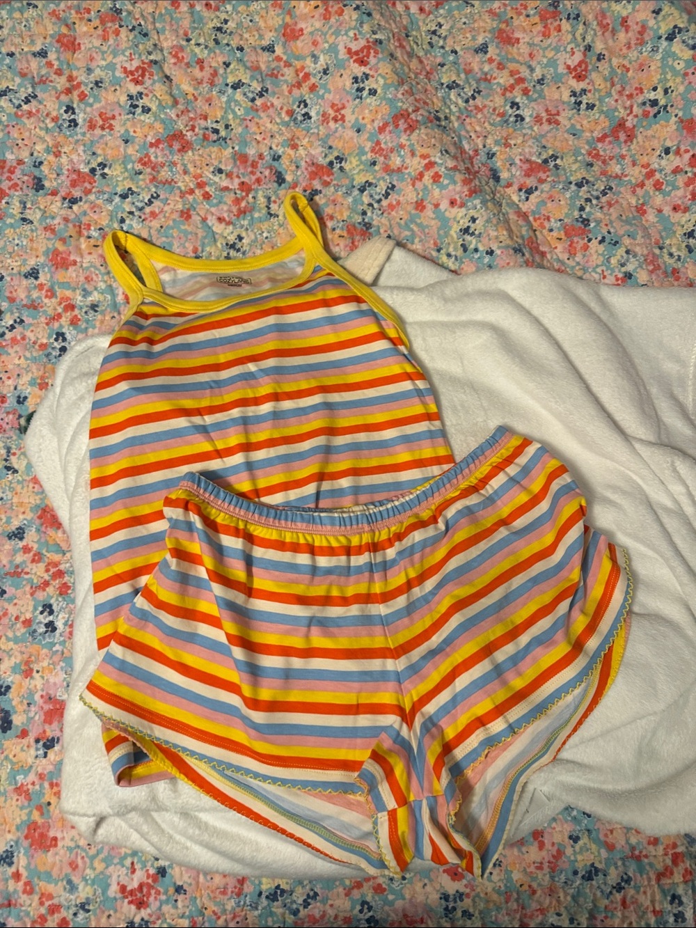 Striped Yellow-Trim Women’s Pajama Tank & Short Set